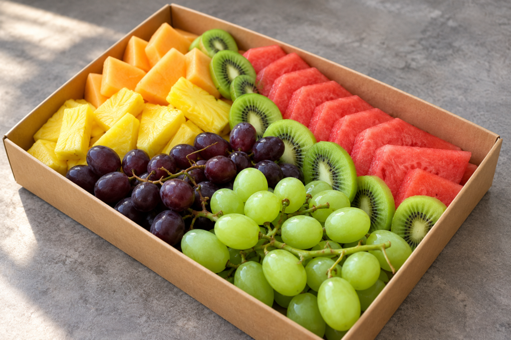 מגש פירות — תמונה שנוצרה בהשראת מוצרי המאפייה, להמחשה
