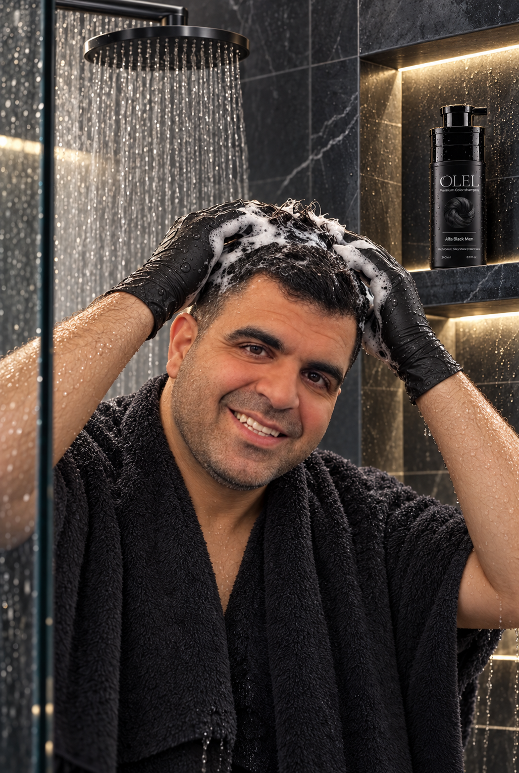 Olel Alfa Black Men model washing hair in a shower with black gloves